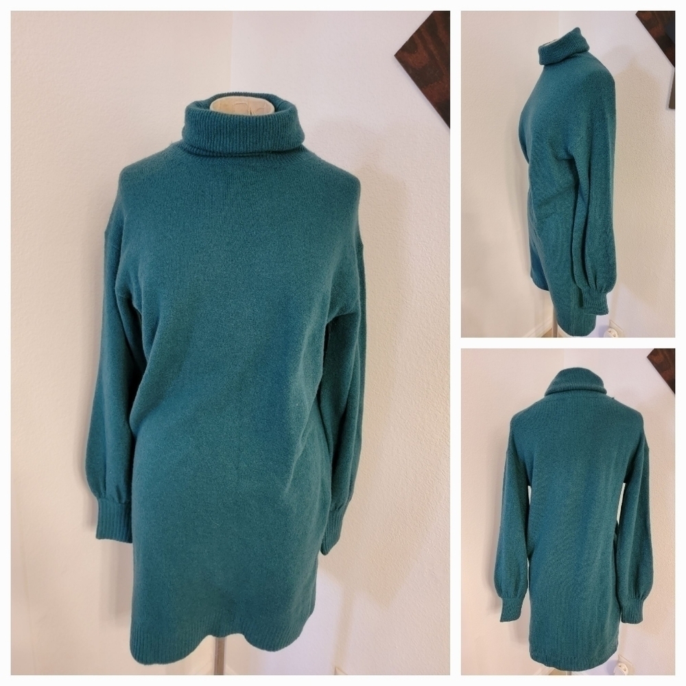 J Crew Turtleneck Sweater Dress Sz S Balloon Long Sleeve Green Soft Yarn Midi